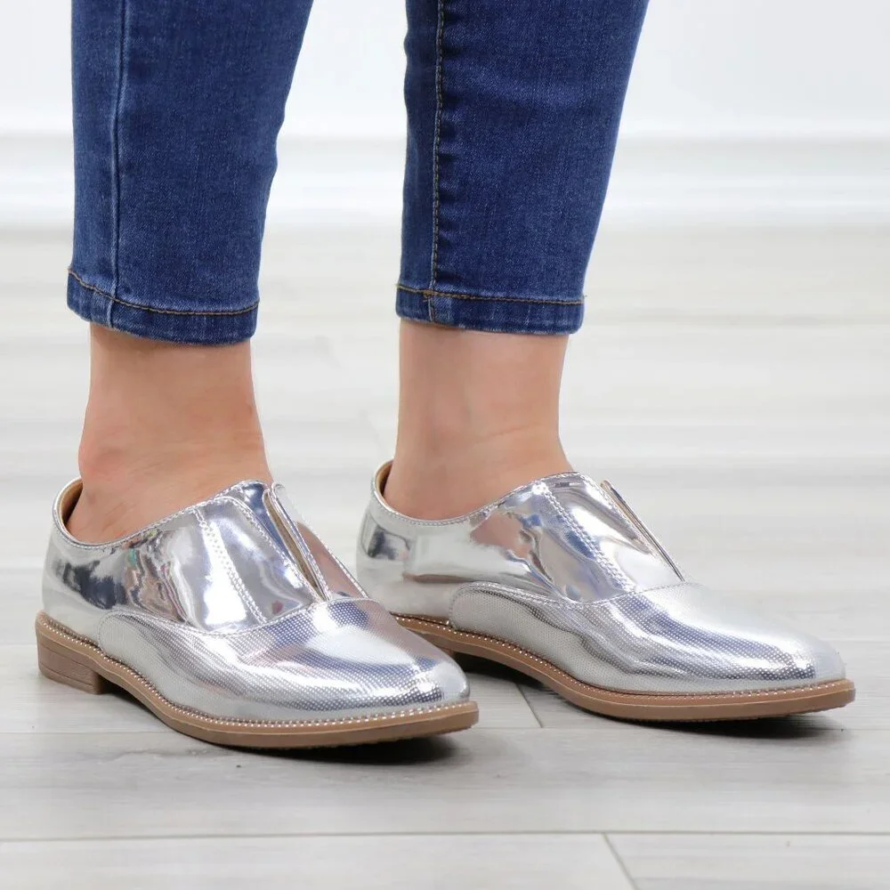Silver Patent Flat Slip On Oxford Loafers - Picture 2 of 15